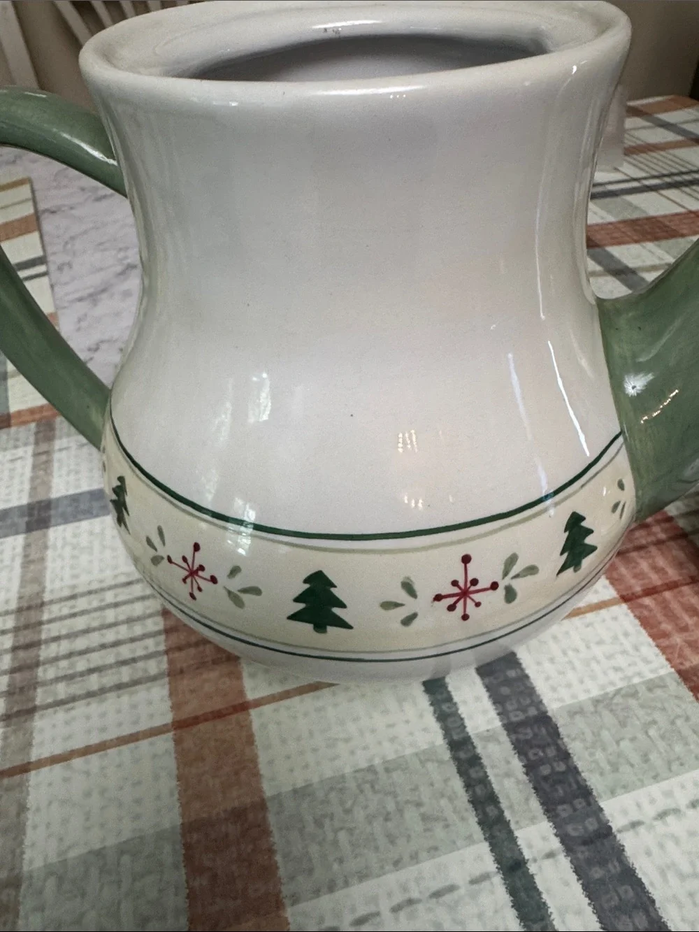 Vintage Festive Ceramic Teapot with Green Handles and Holiday Motif
